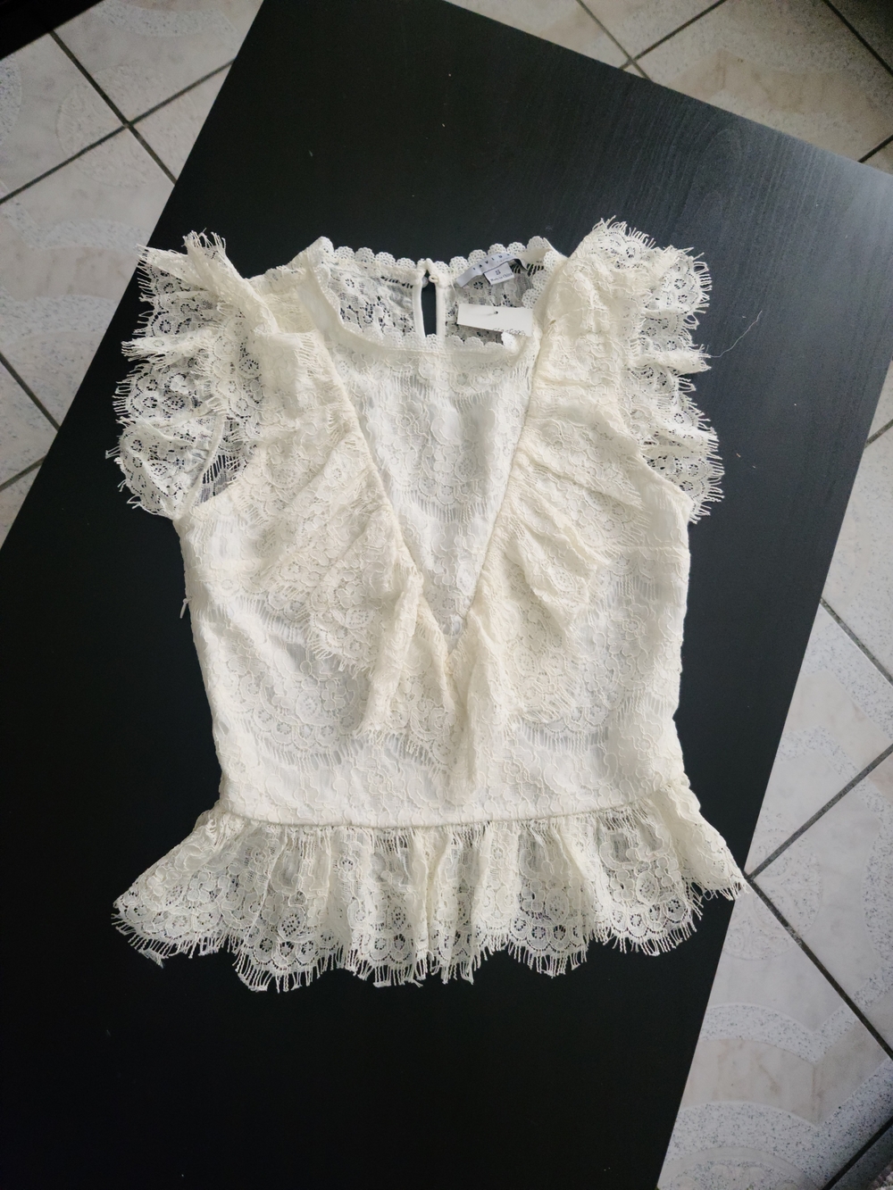FAVLUX Ivory Lace Peplum V-Neck Ruffle Sleeve Top